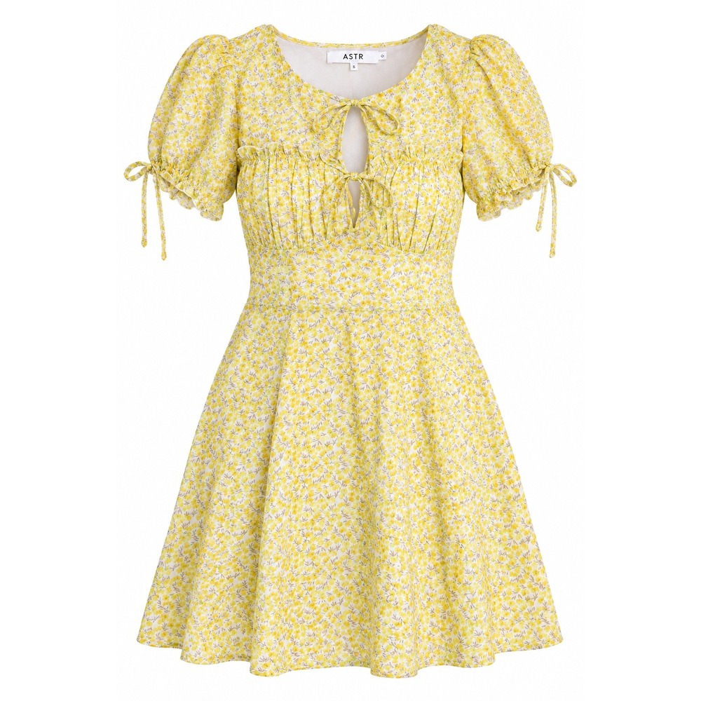 ASTR The Label Yellow Floral Puff Sleeve Mini Dress Size L Tie Front Keyhole